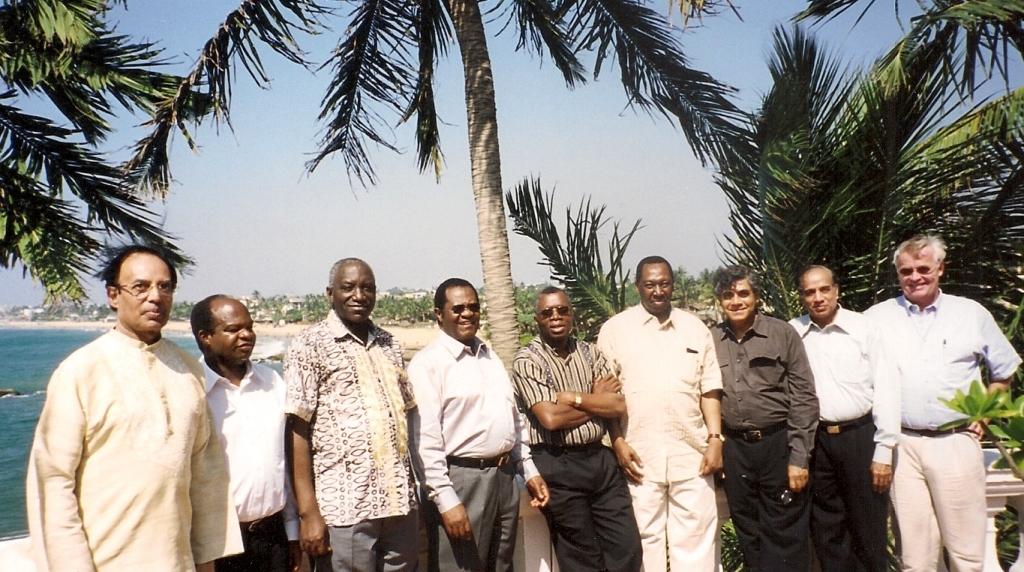 Third Meeting, Colombo 2003: From left: Chief Justice Hasan, L.M.K.Uzia (Legal Secretary to the Chief Justice of Tanzania), Chief Justice Samatta, Chief Justice Odoki, Chief Justice Langa, Chief Justice Uwais, Dr Nihal Jayawickrama, Chief Justice Jain and Dr Petter Langseth
