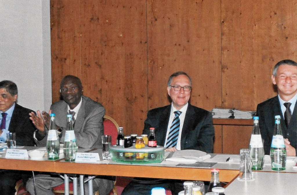 Seventh Meeting, Garmisch-Partenkirchen 2012: The Inaugural Session: Dr Nihal Jayawickrama, Hon. Pius Langa, Chief Justice of South Africa, Hon. Dr Rudolf Mellinghoff, President of the Federal Supreme Court of Finance of Germany, Thomas Dittmann. Director-General of the German Federal Ministry of Justice.